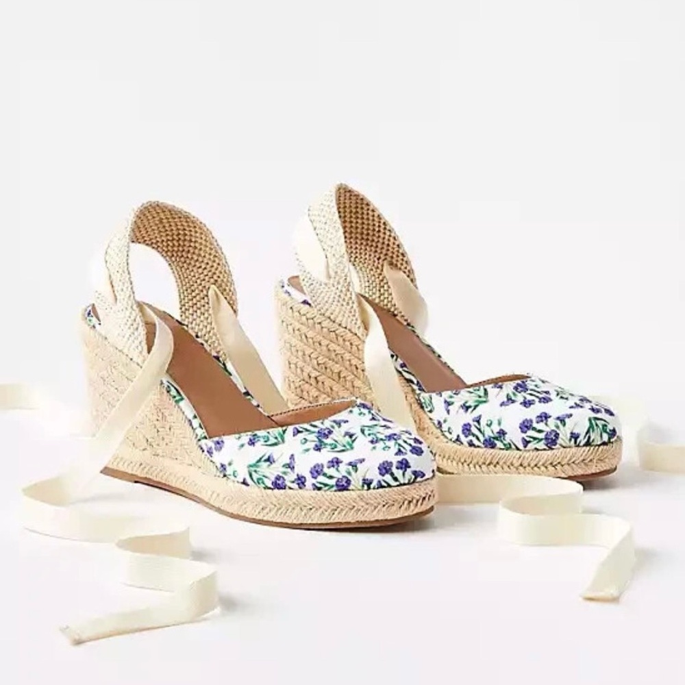 LOFT Cream and Purple Floral Espadrille Wedges